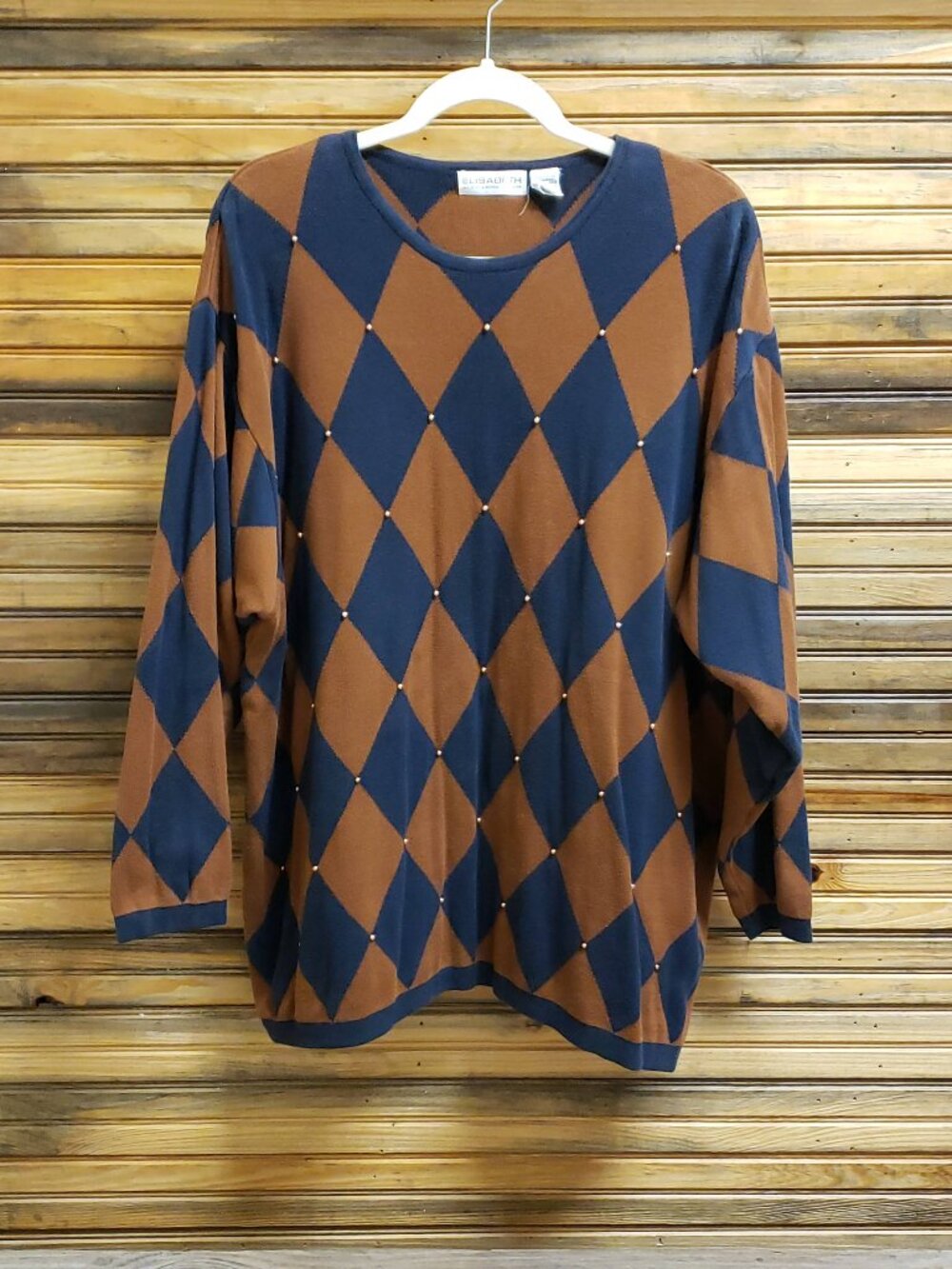 VTG Elisabeth by Liz Claiborne Argyle Diamond Knit Embellished Oversized Sweater
